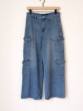 Gap Baggy Cargo Jeans Wide Leg Denim Pants Blue High Rise Utility Pockets Sz 27